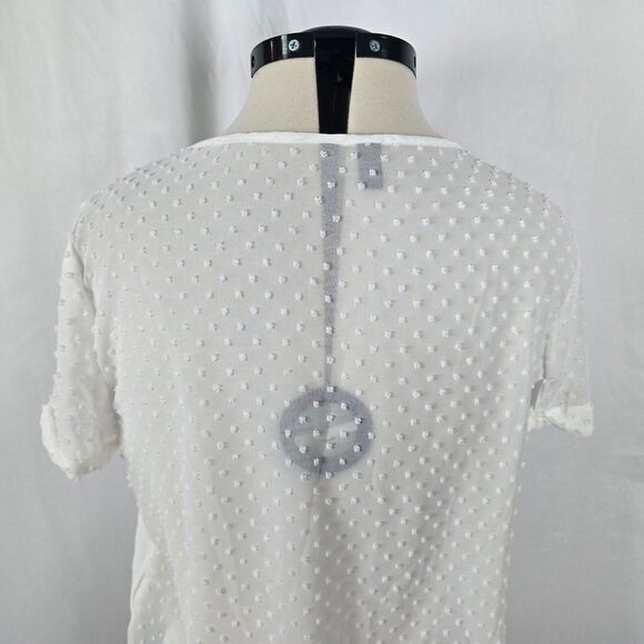 MNG Suit Blouse Women's L White Solid Front Fabric Dot Back Sheer Short Sleeve - Picture 4 of 14